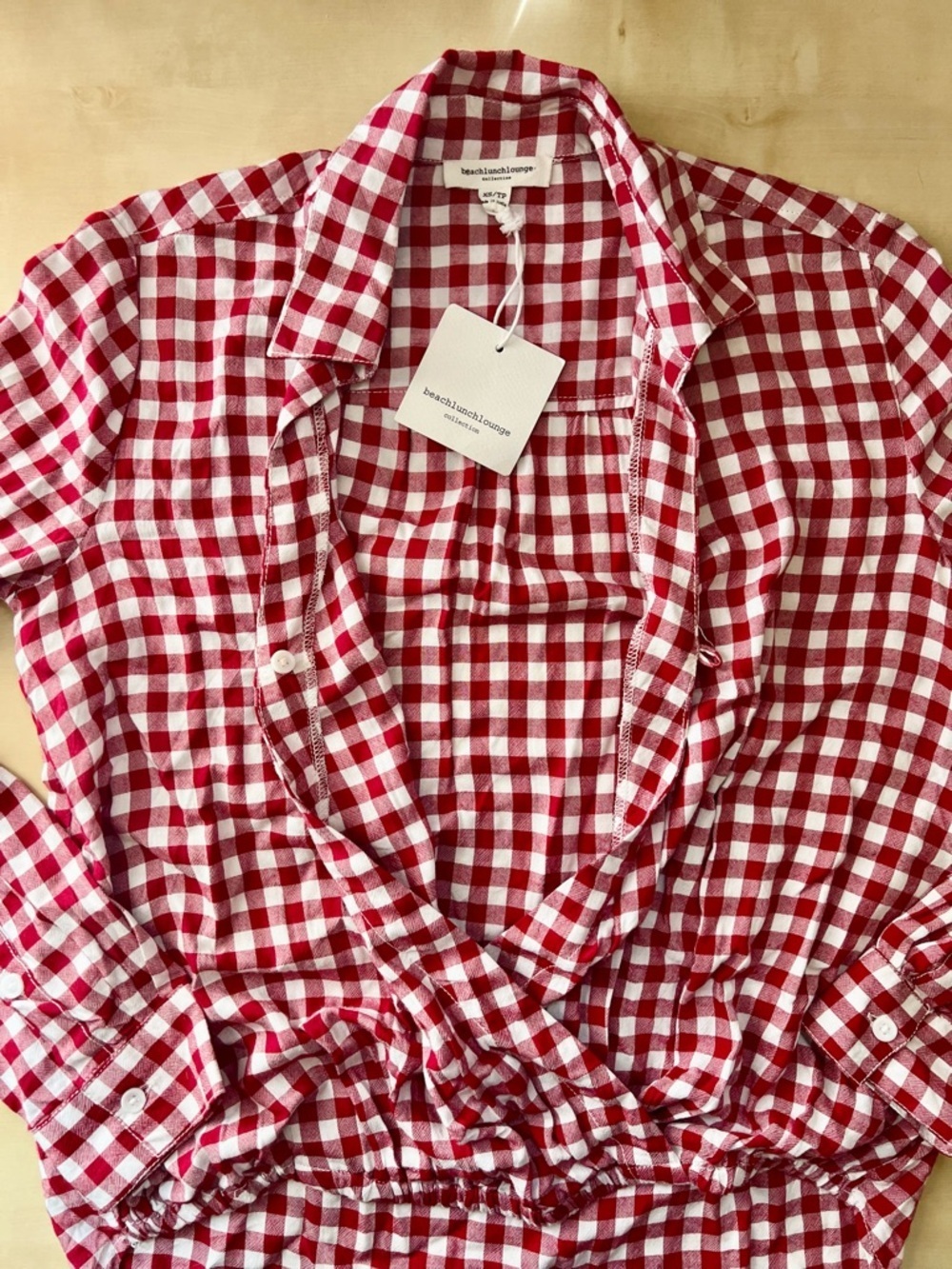Americana Coastal Boho Red and White Gingham Surplice Blouson Long Sleeve Top